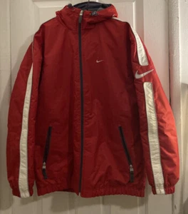 Vtg Y2K NIKE Fleece Lined Hooded Jacket Coat sz M Red Swoosh Stripe NOS - Picture 1 of 11
