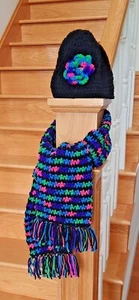 Handmade Hat and Scarf Set Beanie/Skull Cap Black Multicolor Flower on Hat - Picture 1 of 4