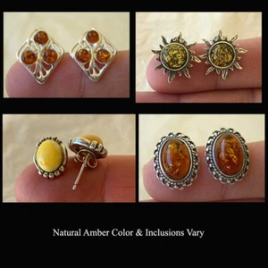 BALTIC BUTTERSCOTCH GREEN or HONEY AMBER & STERLING SILVER STUD EARRINGS - Picture 1 of 10