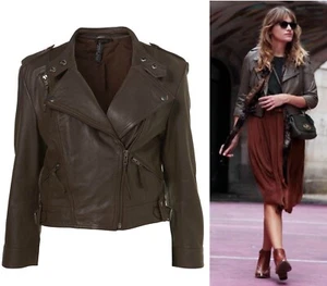 TOPSHOP BROWN LEATHER JACKET ZIP CROP BIKER JACKET BLAZER COAT NEW ROCK - Picture 1 of 8