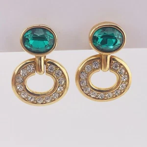 Vtg Swarovski Swan Signed Gold Tone Drop Dangling Green & Clear Clip-On Earrings - Picture 1 of 6