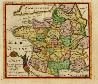 Mapa antiguo-Francia con provincias-Auvernia-Bretaña-Normandía-Robbe-De Fer-1721 Foto 1 de 4