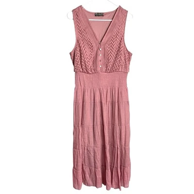 J Gee Tiered Gauzy Dress Womens M Pink Embroidered Sleeveless Smocked Midi - Image 1 of 4