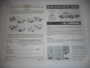 HUBLEY MERCEDES BENZ 300SL 1960 techo rígido modelo 153 hoja de instrucciones y lista de piezas - Imagen 1 de 4