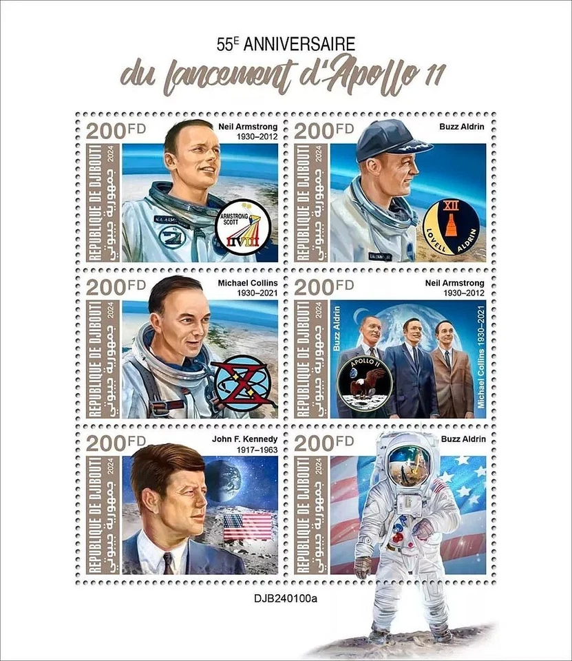Hoja de estampillas espaciales APOLO 11 astronautas/aterrizaje lunar de la NASA/JFK (2024 Djibouti) Foto 1 de 1