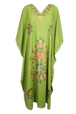 Women's Parrot Green Floral Maxi Kaftan Embroidered Kimono Sleeves Long Dresses