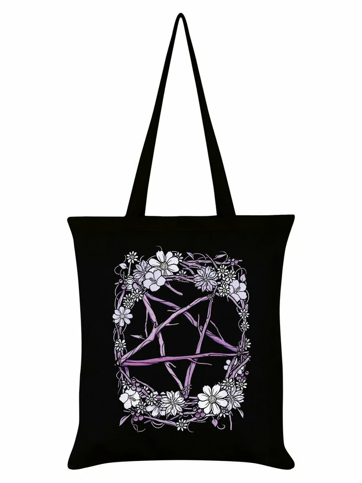 Heidnisches Pentagramm schwarze Tragetasche - Blumen Wicca Magie Natur Hexe Einkaufsgeschenk - Bild 1 von 1