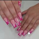 Y2k Pink Flower French Tip 24 Pcs Square Shape Quality Press-On Nails