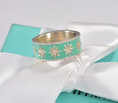 Size 5 Tiffany & Co Silver Blue Enamel Daisy Flower Ring 7mm Wide Band in Box - Image 1 of 4