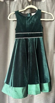 RARE EDITIONS Girls Green Velvet Rhinestone Embellished A-line Dress Holiday 6X - Image 1 of 4