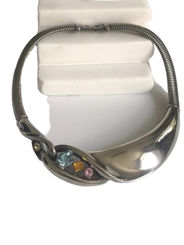 Collana Vintage GIVENCHY Catena Tono Argento Strass Colorato Firmata