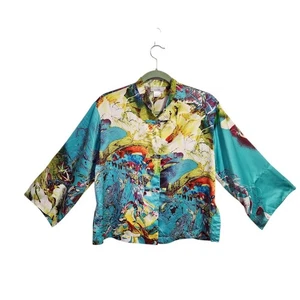 NATORI Artsy Blumendruck Mandarinkragen eklektisch Knopf Bluse Top S - Bild 1 von 10