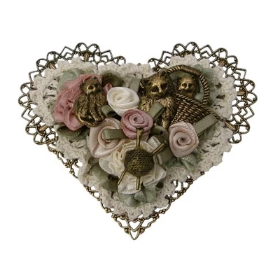 Broche corazón vintage encaje gatos hilo cesta rosas cottagecore ramillete prendedor Foto 1 de 2