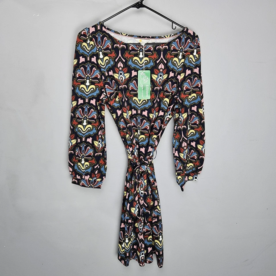 Boden Jersey Shift Dress Size 10R French Navy Geo Whirl 3/4 Sleeve D0310