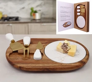 Elegant 4-Piece Acacia Wood & Marble Cheese Board Set with Stylish Gift Box - Picture 1 of 10
