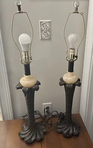 Table Lamp Pair Poly Swirl Leaf Base Faux Alabaster Ball Ashley Home Store - Picture 1 of 9