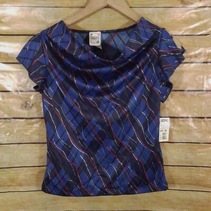 NWT Fams Woman's Top Sz S Blue Red Yellow Geometric Flowy Short Sleeve with Slit - Picture 1 of 8
