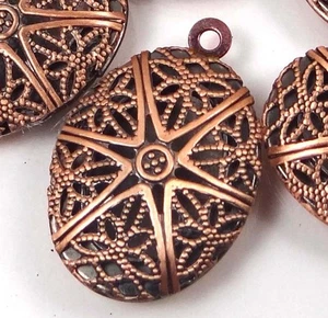 4 Antiuque Copper Filigree Hollow Locket Oval Pendants 24x16mm - Picture 1 of 3