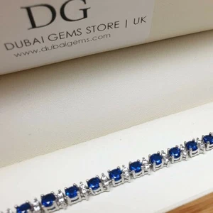 White gold finish blue sapphire created diamond tennis bracelet gift boxed  - Picture 1 of 2