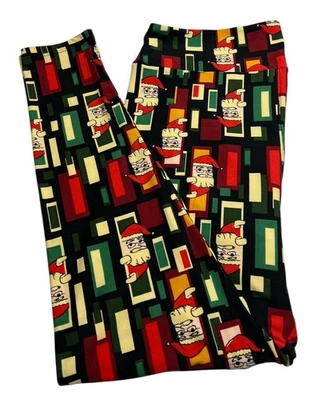 Leggings LuLaRoe TC2 alta curvilínea 2 Natal SANTA feriado retrô listra elástica - Imagem 1 de 4