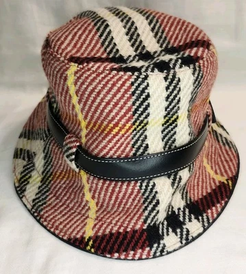 Burberry Mujer Lana Cuadros Cubo Sombrero con Borde de Cinturón de Cuero Talla M Auténtico  Foto 1 de 4