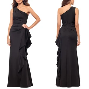NEW XSCAPE Black ONE SHOULDER Ruffle RUCHED Scuba Crepe EVENING GOWN 12 - Picture 1 of 14