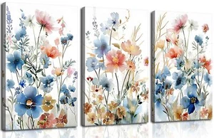 3Pcs Wildflower watercolor Bouquet Canvas Wall Art Nursery Colorful Botanical... - Picture 1 of 8
