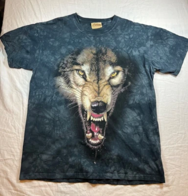 VTG The Mountain T Shirt Mens L Blue Gray Tie Dye Wolf 90s Made in USA Short Slv - Image 1 of 4