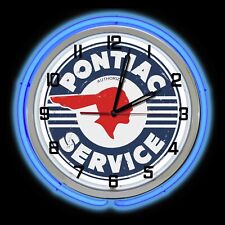 19" Pontiac Service Distressed Sign Double Blue Neon Clock Man Cave Garage Chevy
