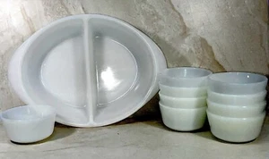 Lot of Vintage Milk Glass 1) 12” Divided Casserole & 9) 3.5” Custard Cups - Picture 1 of 15