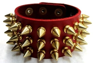 Red Full Grain Leather 3 Row Spiked Wristband Bracelet Cuff Brass Gold Punk Stud - Picture 1 of 2