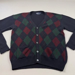 Polo Ralph Lauren Cardigan Mens XL BLUE Red Argyle Button Knit Sweater Grandpa - Picture 1 of 12