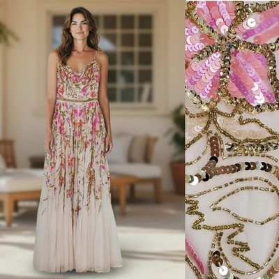 Mac Duggal size 12 sequin floral gown 5671 v neck spaghetti straps beaded party - Image 1 of 4