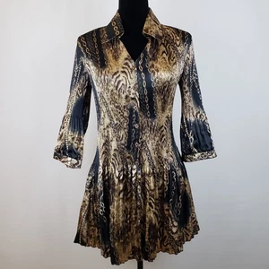Lindi Top M Micro Pleat Satin Shirt Fit Flare Tunika Leopard Kettenmuster Mob Wife - Bild 1 von 13