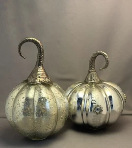 Set Of 2 Silver Mercury Glass Round Pumpkins Dark Metal Stems 7 - 8 Inches - Picture 1 of 16