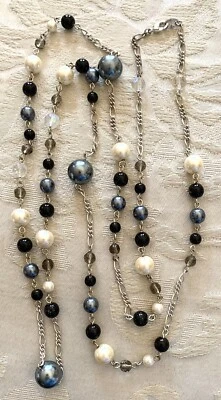 Avon 46” Necklace Faux Black ,Gray, White Pearls, Crystal Beads, Silver Chain - Image 1 of 4