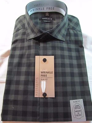 CAMISA DE VESTIR NUEVA CON ETIQUETAS VAN HEUSEN SIN ARRUGAS Largo Slv, Calce Ajustado, Dk. PLD verde y negro Foto 1 de 2