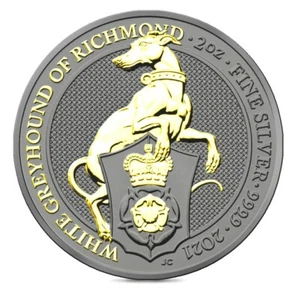 2021 2oz Silver Queen's Beasts Art Color Greyhound Ruthenium & Gold Gilded Coin - Picture 1 of 2