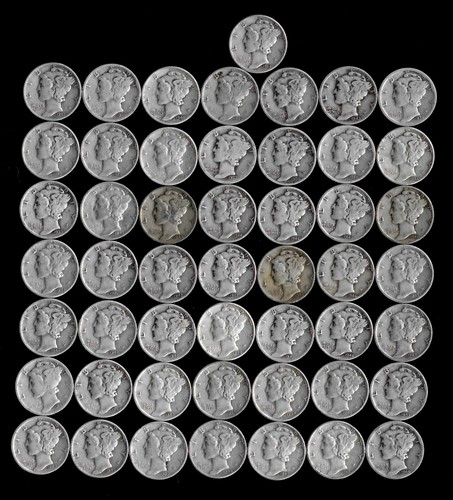 One Mercury Dime Roll (50 Coins) 90% Silver (1934-45) Lot A62