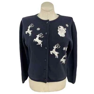 Vintage 90s Black Cardigan Sweater with Embroidered Santa and Reindeer Tia Sz M - Picture 1 of 10