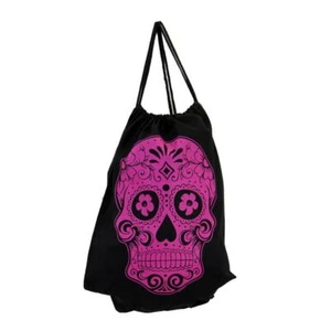 Black Tote Bag Drawstring Backpack Sack with Purple Day of the Dead Skull Cotton - Picture 1 of 2