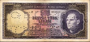 Turkey 500 Lira 1930 1968, aXF, P-183 Turkish Central Bank Cancelled,  ATATURK - Picture 1 of 2