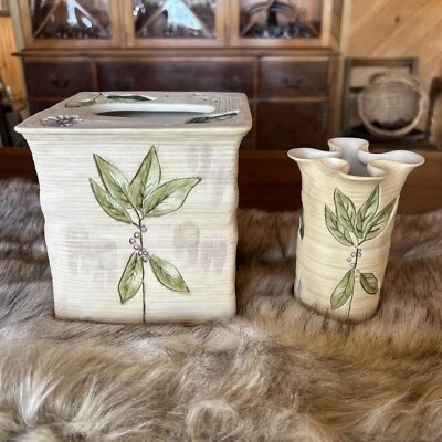 Croscill HOJAS DE OTOÑO CAJA DE PAÑUELOS CERÁMICOS CUBIERTA SOPORTE CEPILLO DE DIENTES Juego de baño Foto 1 de 4