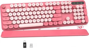 Retro Typewriter Wireless Keyboard, Pink Round Keycaps with Detachable Wrist ... - Picture 1 of 8