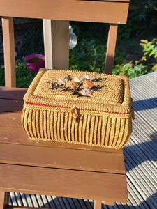 Vintage Woven Rattan Sewing Basket With Rafia Flower Decoration And Satin Lining - Picture 1 of 10