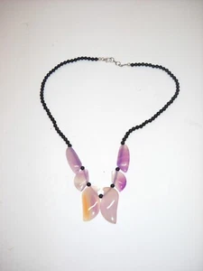 Purple Agate Amethyst & Black Agate Obsidian 18" Necklace Sterling Silver #297 - Picture 1 of 9