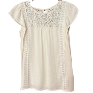 LOVE FIRE Women's Top Small Cream Lace Keyhole Back Ruffled Cap Sleeves Crinkle - Picture 1 of 7