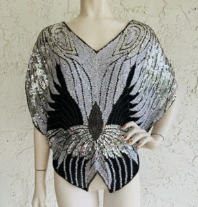 SHOWMAX Vintage Sequin Top 100% Silk Black Silver Art to Wear One Size - Picture 1 of 10