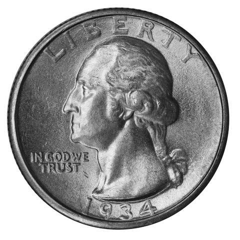 1934 -P  Washington Quarter 25c - Medium Motto Choice AU 90% Silver - SP Cover