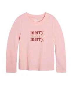Epic Threads Holiday 'Merry' Print T-Shirt Girls 6X Pink Scoop Neck Long Sleeve - Picture 1 of 16